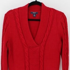Vtg Ralph Lauren Chaps Denim $80 Large Red Cable Knit VNeck Cotton Blend Sweater